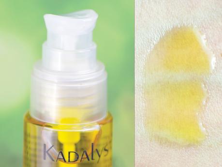 Huile précieuse sèche visage-corps et cheveux naturelle et bio Radiance à la banane jaune de Kadalys - Packaging flacon-pompe et texture